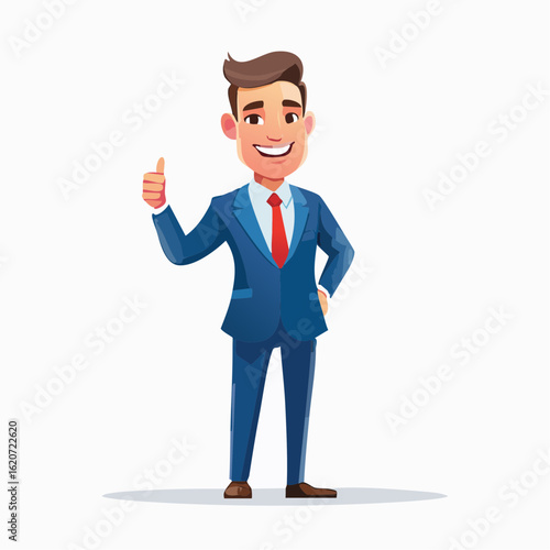Smiling Businessman Giving Thumbs Up: A confident businessman, attired in a sharp blue suit and a vibrant red tie, confidently gives a thumbs-up, epitomizing positivity and approval.