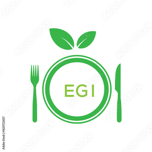 EGI Letter Logo. EGI Organic Food Logo with Plate, Fork, Knife, and Leaf Icon – Healthy Restaurant and Eco-Friendly Dining Design.
