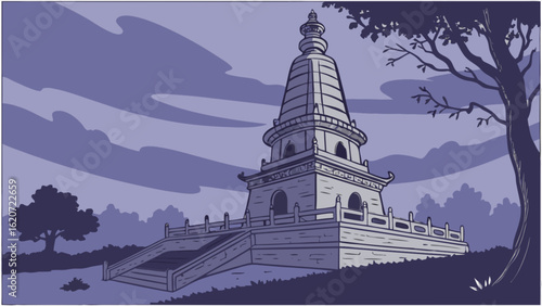 Illustration of an ancient pagoda, a traditional asian temple, standing tall against a serene sky, evoking a sense of history, culture, and spiritual significance in a tranquil landscape