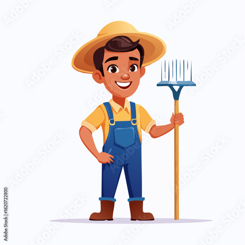 Joyful Farmer: A cartoon farmer stands proudly, radiating a bright smile while holding a pitchfork, exemplifying the spirit of hard work and agricultural passion.