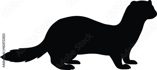 Dark silhouette of weasel. Sticker for social networks and instant messengers. Graphic element for printing on fabric. Forest animal, fauna and wild life, nature. Cartoon flat vector illustration 