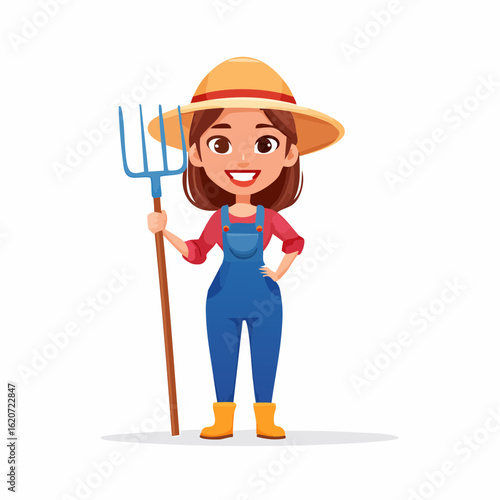 The Cheerful Farmer: An illustration of a female farmer standing in the agricultural field, portraying her connection with the natural world. She wears her trusty hat and a tool of her trade