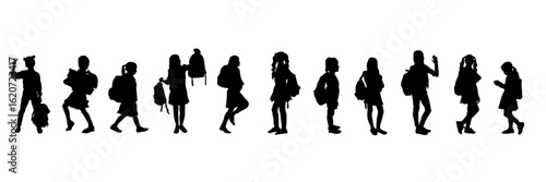 Silhouettes of schoolgirls with backpacks and books. Girls in motion. Ideal for educational literature, posters, postcards, textbooks.