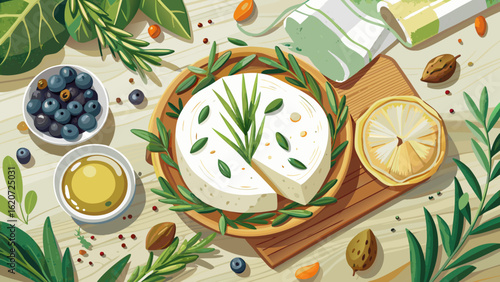 Flat lay of goat cheese, fresh herbs, and olives rests on soft cream cloth. Semi-realistic style captures rustic textures, organic colors, and elegant simplicity near garden foliage.