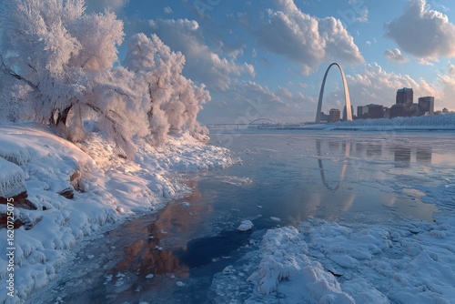 Stunning Panoramic Winter Landscape of St. Louis Missouri Showcasing the Illuminated Gateway Arch Under a Clear Sky, Evoking Serenity and Urban Beauty