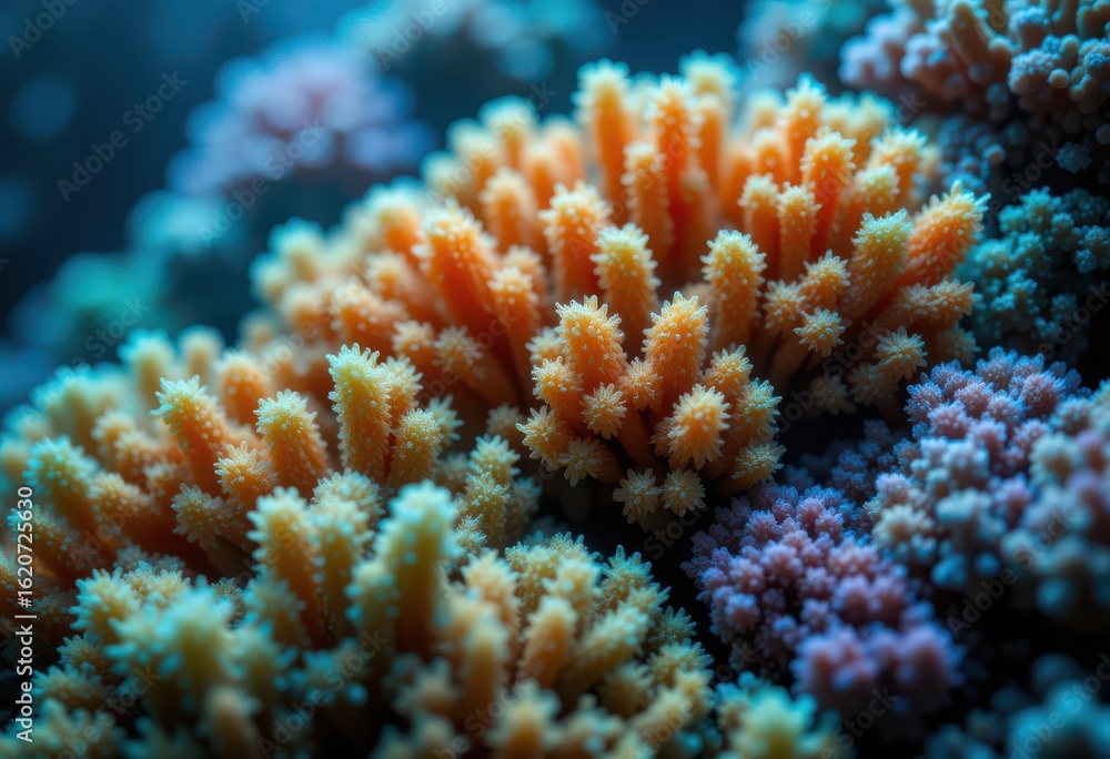 Fototapeta premium Close up Coral Reef Textures in Vibrant Green Blue and Orange