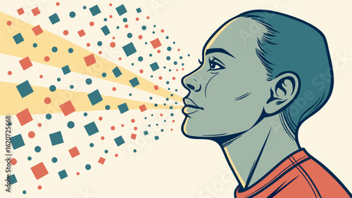 Illustration of a woman coughing, with colorful shapes representing the spread of virus or disease, emphasizing health, prevention, and respiratory symptoms