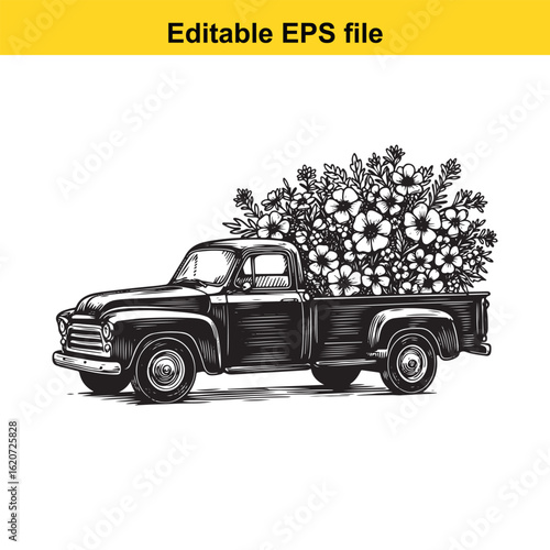 Vector art of vintage pickup truck filled with flowers isolated on white background