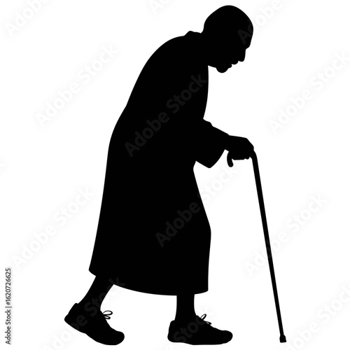 Silhouette of an old woman with a cane