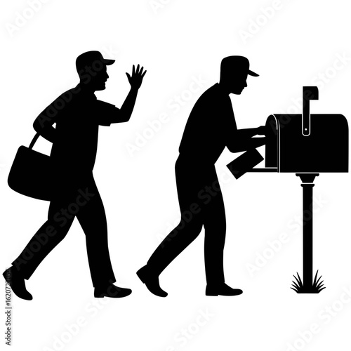 Silhouette of two mailmen delivering mail