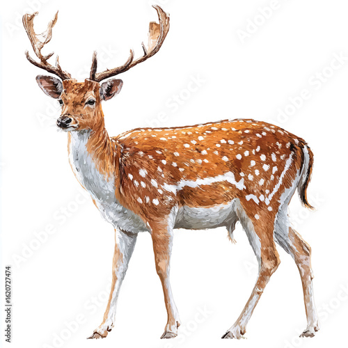 Majestic fallow deer with branched antlers isolated on white background wildlife animal portrait illustration for posters and educational materials