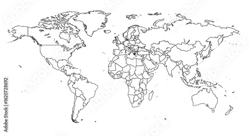 Outline of world map in black and white design for educational use  
