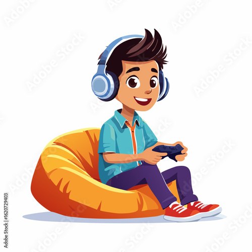 Gaming Time: A young boy immersed in his video game, showcasing the joy and immersion that digital entertainment brings. He sits, headphones on, controller in hand.