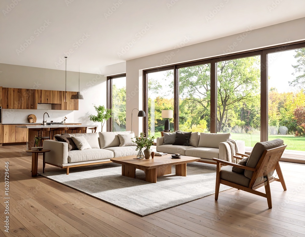 Fototapeta premium Modern light-filled living room with garden view