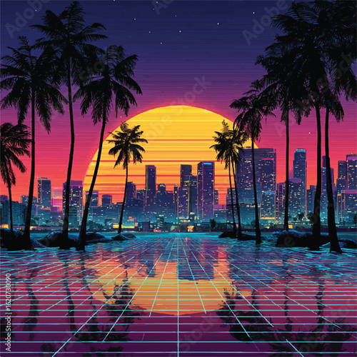 Retro Miami Cityscape with Palm Trees and Sunset Synthwave Aesthetic Nostalgic Vaporwave Scene Evening Glow Digital Art