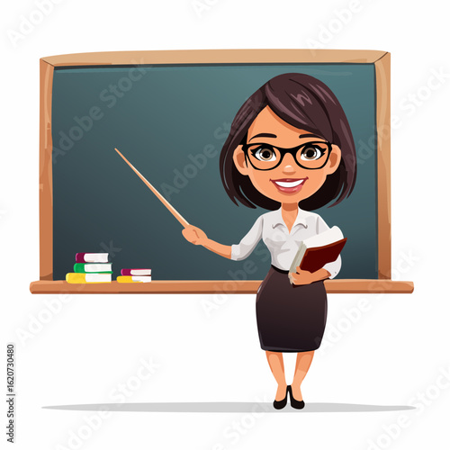 The Educator: A charming teacher stands before the blackboard, pointer in hand, ready to guide students toward knowledge with a warm smile and an open book.