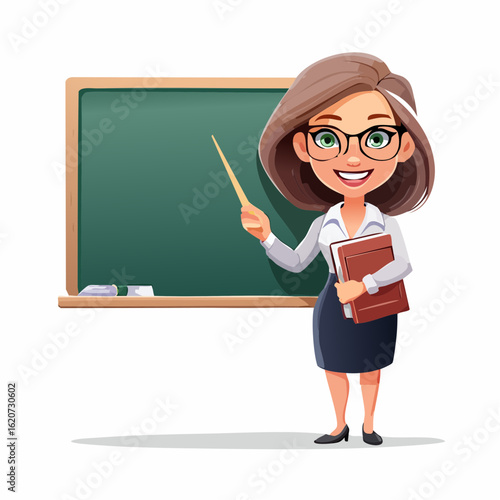 Educator in the Classroom: An animated depiction of a confident female teacher, beaming with knowledge and warmth, stands before a chalkboard in a vibrant classroom setting. 
