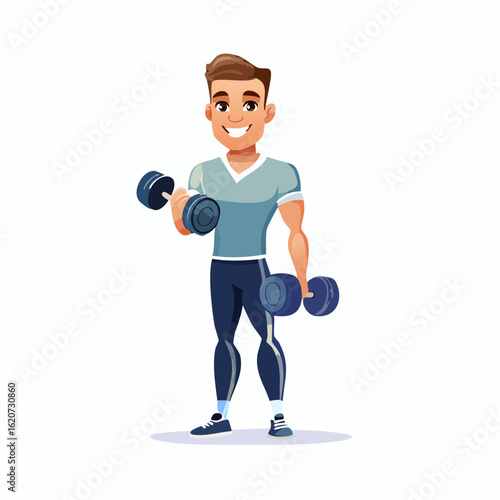 Strength in Action: A dynamic cartoon illustration of a fit person engaged in weightlifting with dumbbells, demonstrating strength and healthy lifestyle. 
