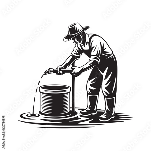 Monochrome worker wearing hat pumps water into container with transparent background