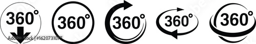 360 Degree Rotation Symbols, Full View Icons, Cycle Arrow Signs on Transparent Background