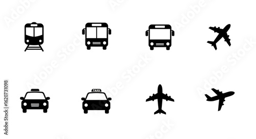 Transportation Icons Set Featuring Bus Taxi and Airplane in Black Silhouette