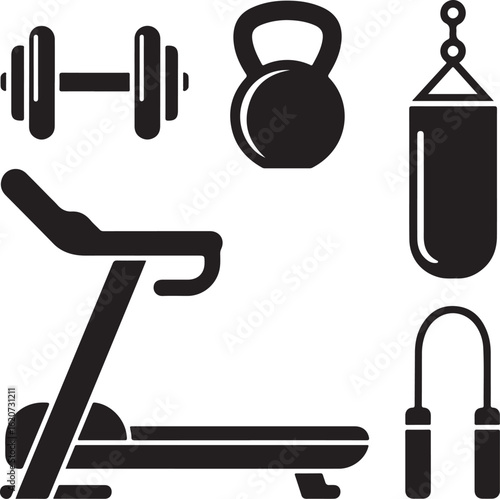 Gym Equipment Solid Icon Set – Dumbbell, Barbell, Kettlebell, Treadmill, Bench Press, Punching Bag, and Jump Rope