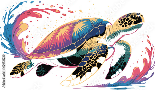 Vibrant sea turtle illustration with colorful abstract water splashes