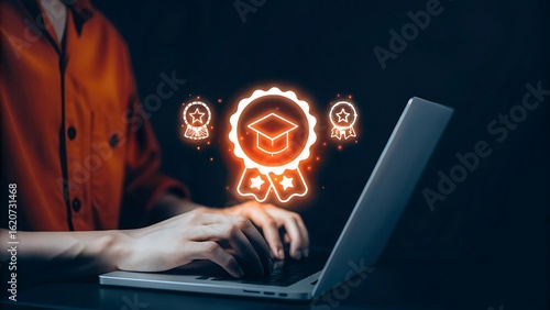 Man holding digital certificate icon with graduation cap, symbolizing online learning achievement. Concept of e-learning, remote education, and professional certification system..