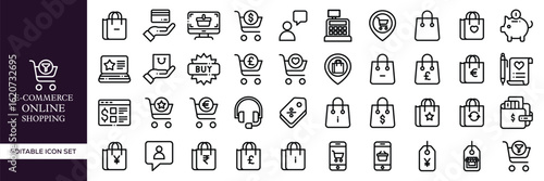 E-commerce and Online Shopping Outline Icons – Cart, Mobile Store, Payment, Delivery, Sale, Checkout, and Retail Business Symbols
