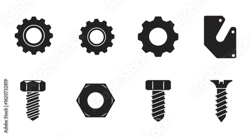 Mechanical Parts Silhouette Gears Nut and Bolt on a White Background