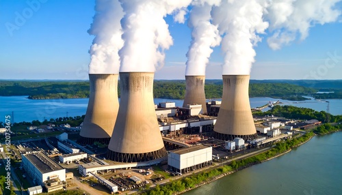 Aerial view of a nuclear power plant complex by a river