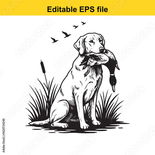 Vector art of hunting dog with duck isolated on white background