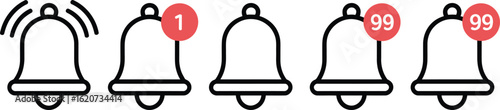 Notification Bells Outline Icons with Red Alert Numbers on a Transparent Background
