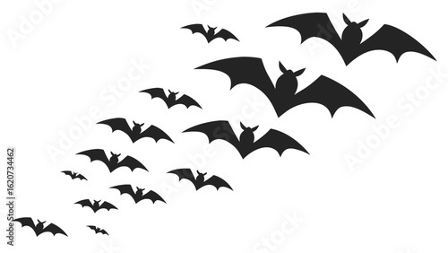Black Bats Silhouette Swarm Flying White Background