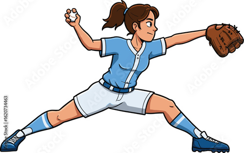 Cartoon Style Female Softball Pitcher In Dynamic Pose, Blue Uniform, Fastball Throw, Athletic Sports Character, Baseball Illustration For Design