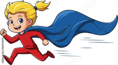 Cartoon superhero child with blonde hair, red costume, blue cape, action running pose, speed lines, dynamic energy, playful heroic design