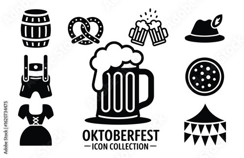 Oktoberfest Icon Collection with Beer Barrel and Bavarian Attire