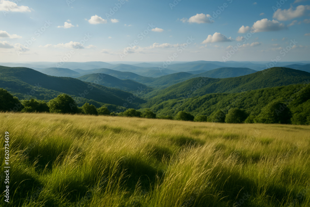 Panoramic view of rolling green hills and grassy meadow under a clear blue sky with scattered clouds on a summer day Panoramic view of rolling green hills and grassy meadow under a clear blue sky with scattered clouds on a summer day