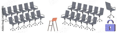 Orange chair stands out among uniform gray office chairs and locked purple padlock. Ideal for concepts of leadership, innovation, individuality, creativity, decision-making, problem-solving, simple
