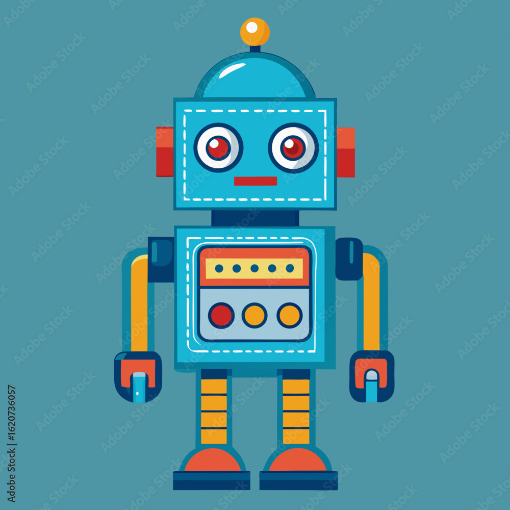 Naklejka premium Friendly blue robot with red accents and a yellow antenna stands on a teal background