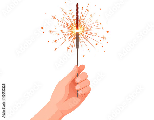 Hand holding a lit sparkler with bright fireworks isolated on transparent background