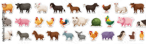 Variety of cartoon farm animals in sticker style perfect for educational resources and childrens books vector illustration