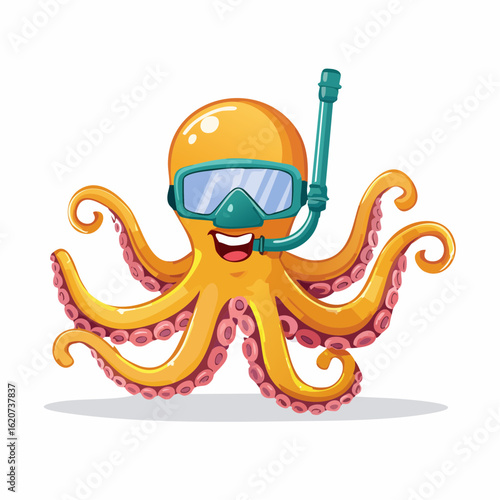Underwater Explorer: A vibrant cartoon octopus, equipped with snorkeling gear, joyfully prepares to discover the mysteries beneath the surface. A celebration of marine life and adventure.