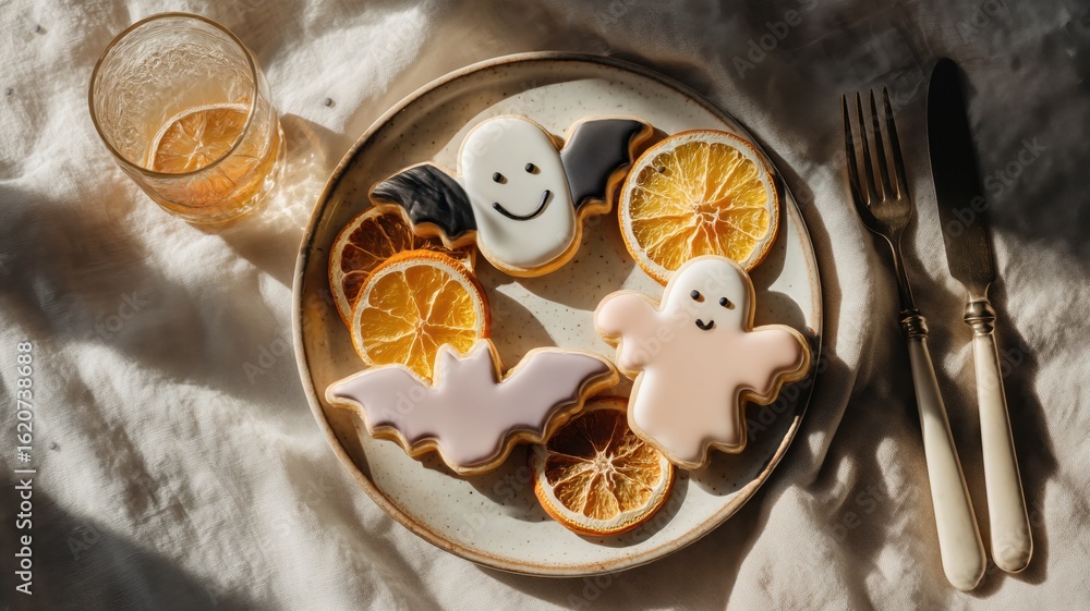 Fototapeta premium Spooky halloween cookies and dried oranges on plate sunlit breakfast