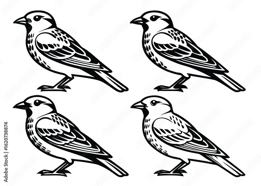 Fototapeta premium Four Black and White Bird Illustrations Facing Left and Right Detailed Line Art Bird Drawings birds sparrow