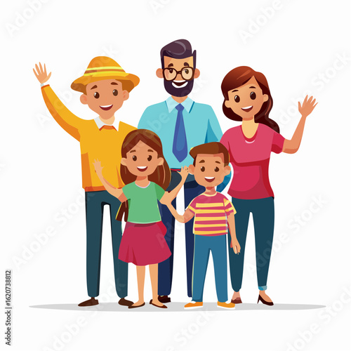 Family portrait: A happy family stands close together, waving and smiling with delight, representing togetherness and familial love.