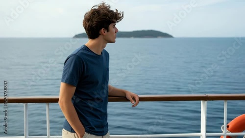 A young man stands on a cruise ship, admiring the serene ocean and a small island in the distance
