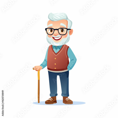 Generational Wisdom: A charming older gentleman, a portrait of active senior life, stands confidently, holding a walking stick, a smile gracing his face in a brightly-lit.