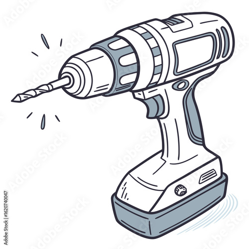 Hand drawn illustration of a cordless power drill with a drill bit