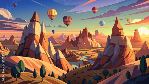 Hot air balloons over a stylized desert landscape at sunset